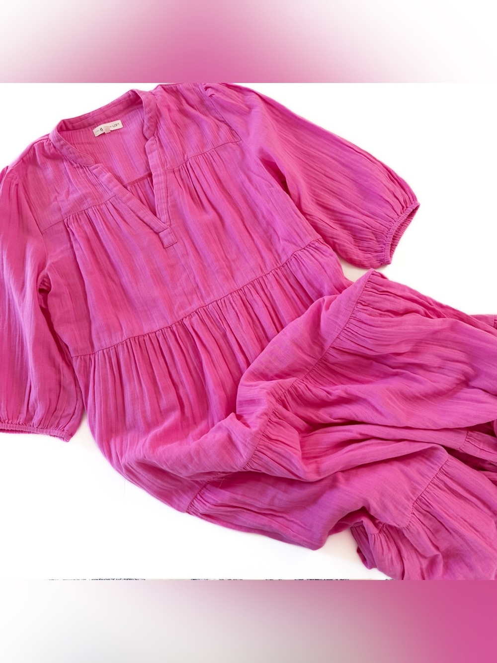 Loft Lou & Grey Dress Womens Large Pink Gauze Cotton Midi Relaxed Boho